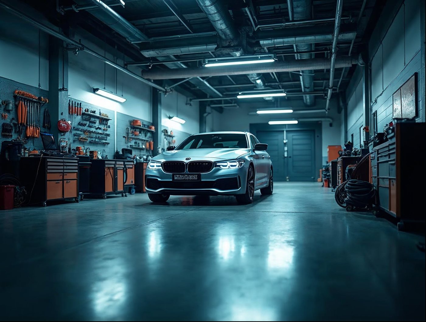 A silver sedan parked under bright overhead lights in a clean professional repair garage bay