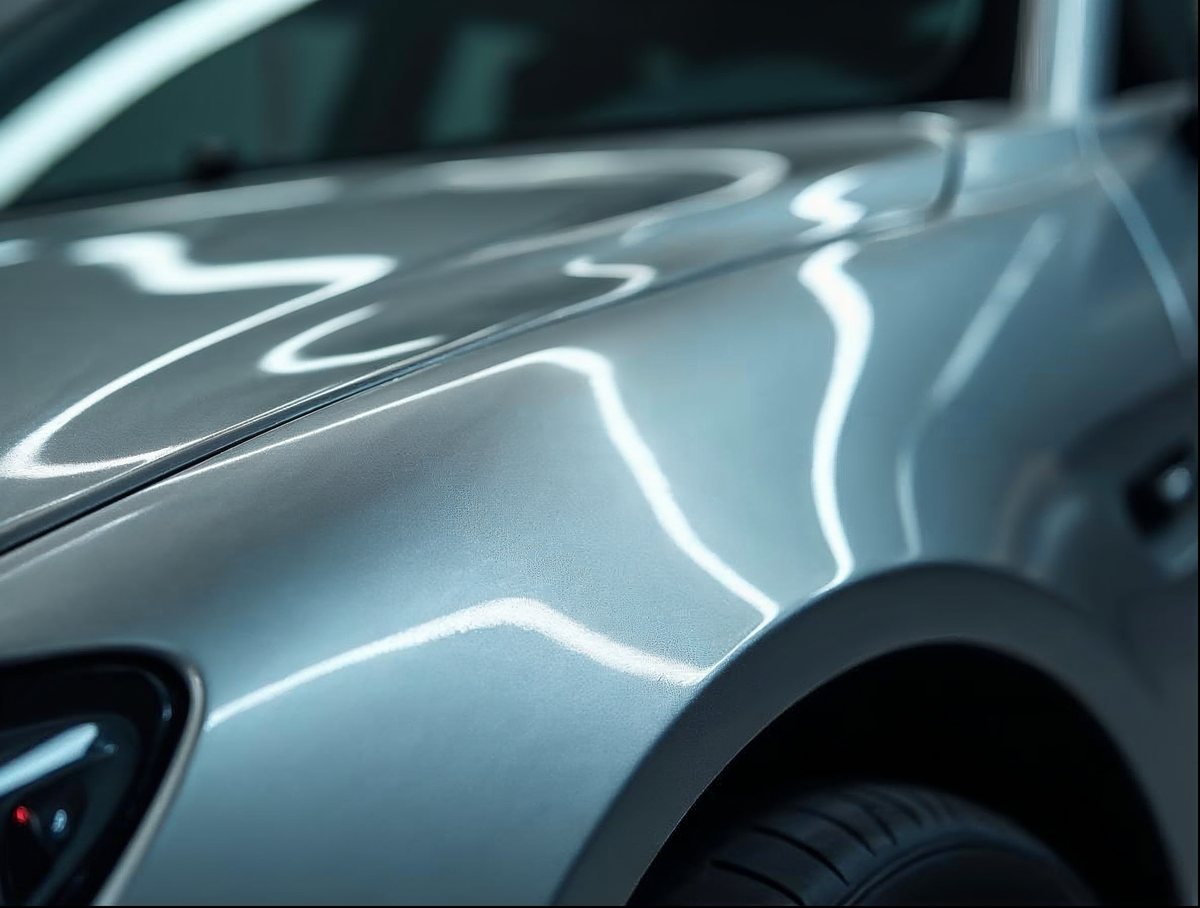 Close-up of a smooth, glossy silver car body panel with clean light reflections after a paintless repair