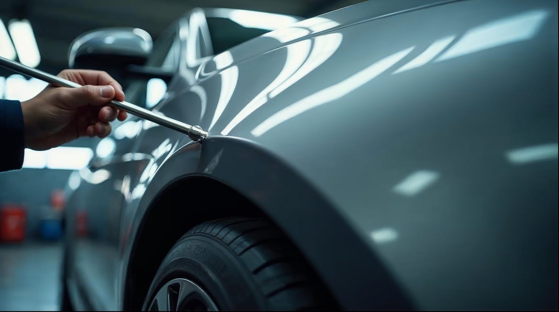 A technician guides a slim paintless dent repair rod across the glossy silver fender of a car under studio lighting